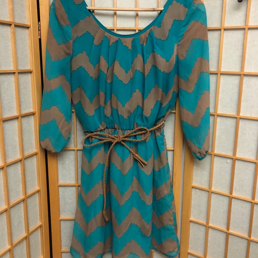 Charlotte Russe minidress 3/4 sleeve teal/tan S
